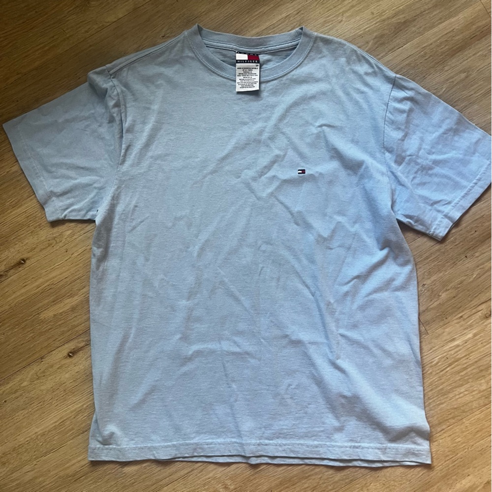 Vintage Y2K Tommy Hilfiger Baby Blue Embroidered Logo Tee